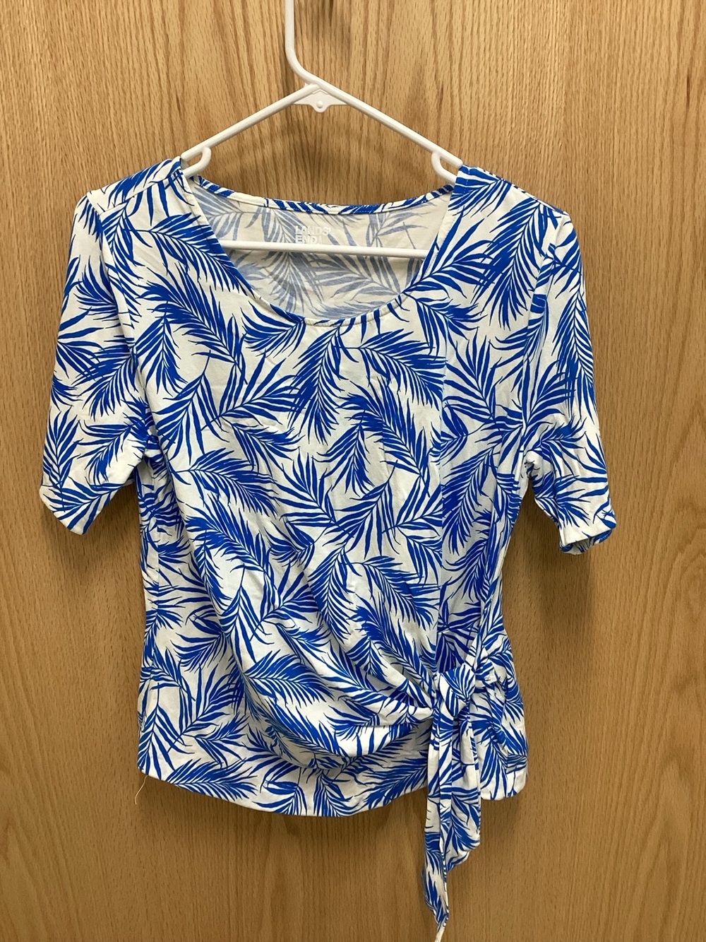 Lands' End White Top with Blue Palm Leaf Print and Side Tie
